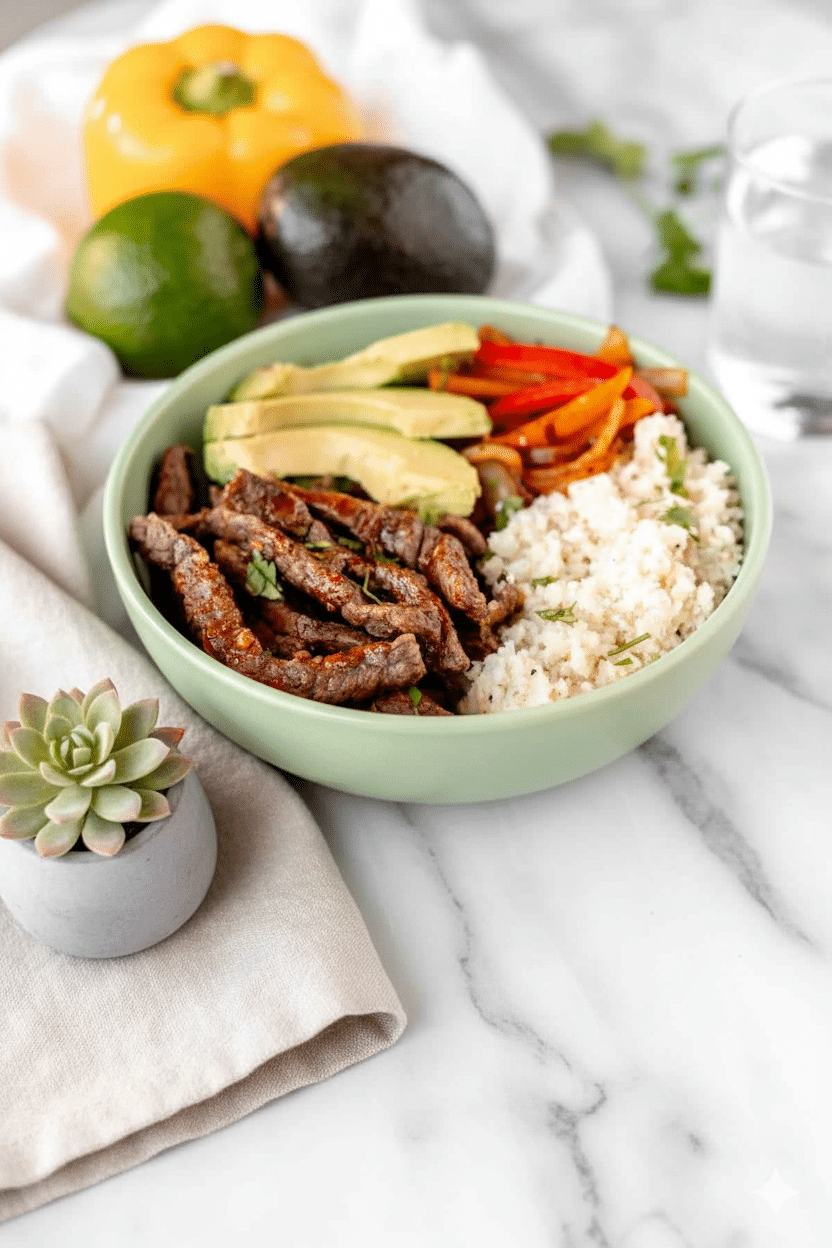 Zesty Keto Beef Fajita Bowls with Cauliflower Rice